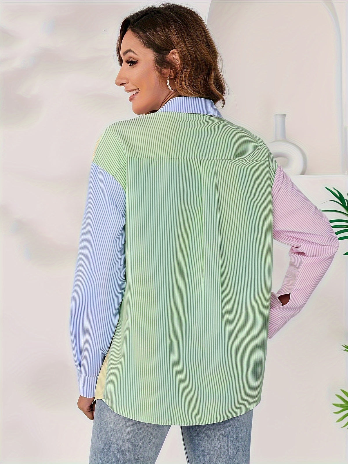 Striped Print Color Block Drop Shoulder Shirt - Mixed colors