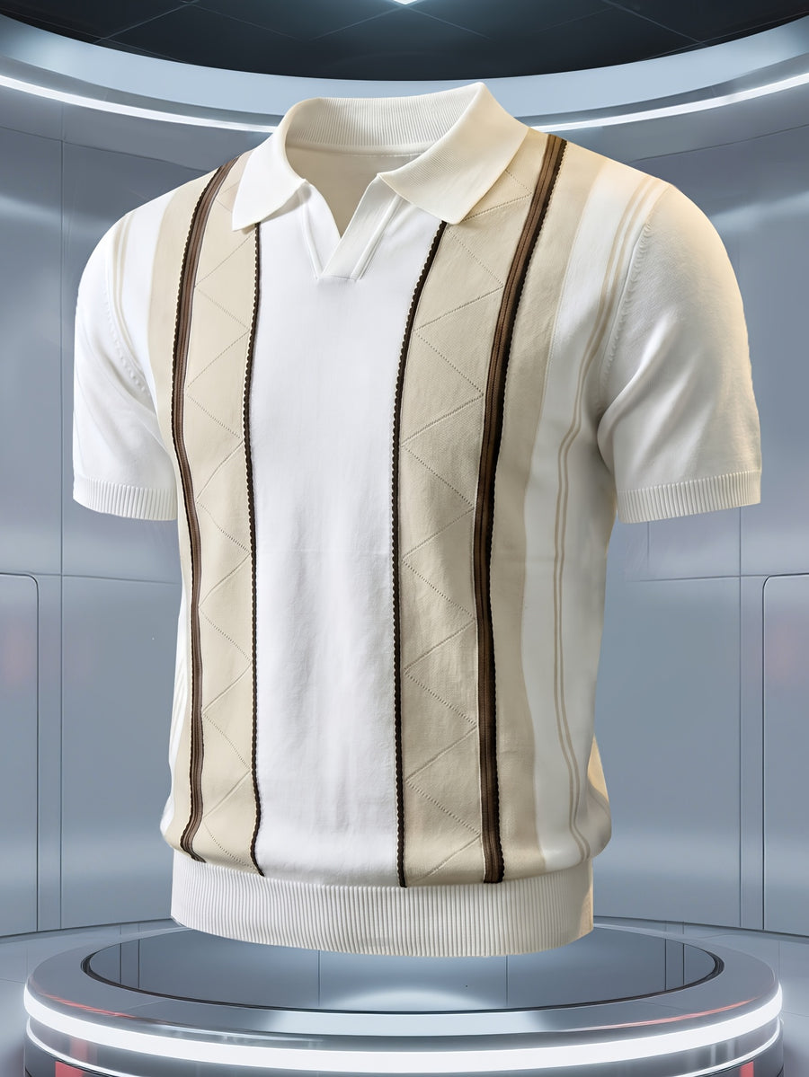 Men's Knitted Short-Sleeve Polo Shirt with Breathable Knit Mesh Eyelet Design, Multi-Color Contrast Striped Jacquard Knit Pattern, American-Style Lapel with Seagull Collar, Stylish and Slimming, Light Luxury Fashion, Designer Style Golf Polo Top - White