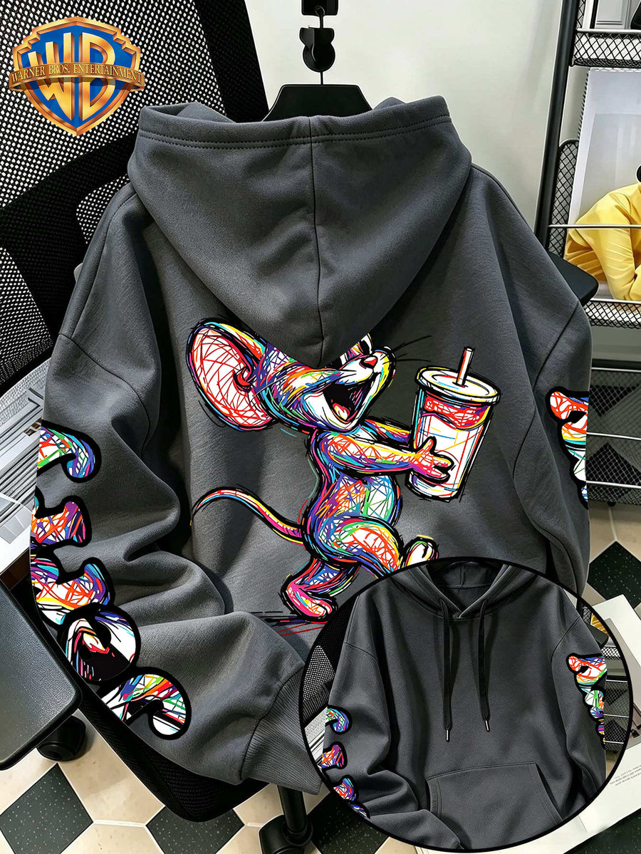 [Officially Licensed by Warner Bros] 1pc, American Colorful Line Cartoon Holding Drink Portrait Creative Casual Hoodie - Men'S Fashion Sweatshirt, Adjustable Drawstring Loose Comfortable Sweater, Suitable for Daily And Outdoor Wear - Dark Gray