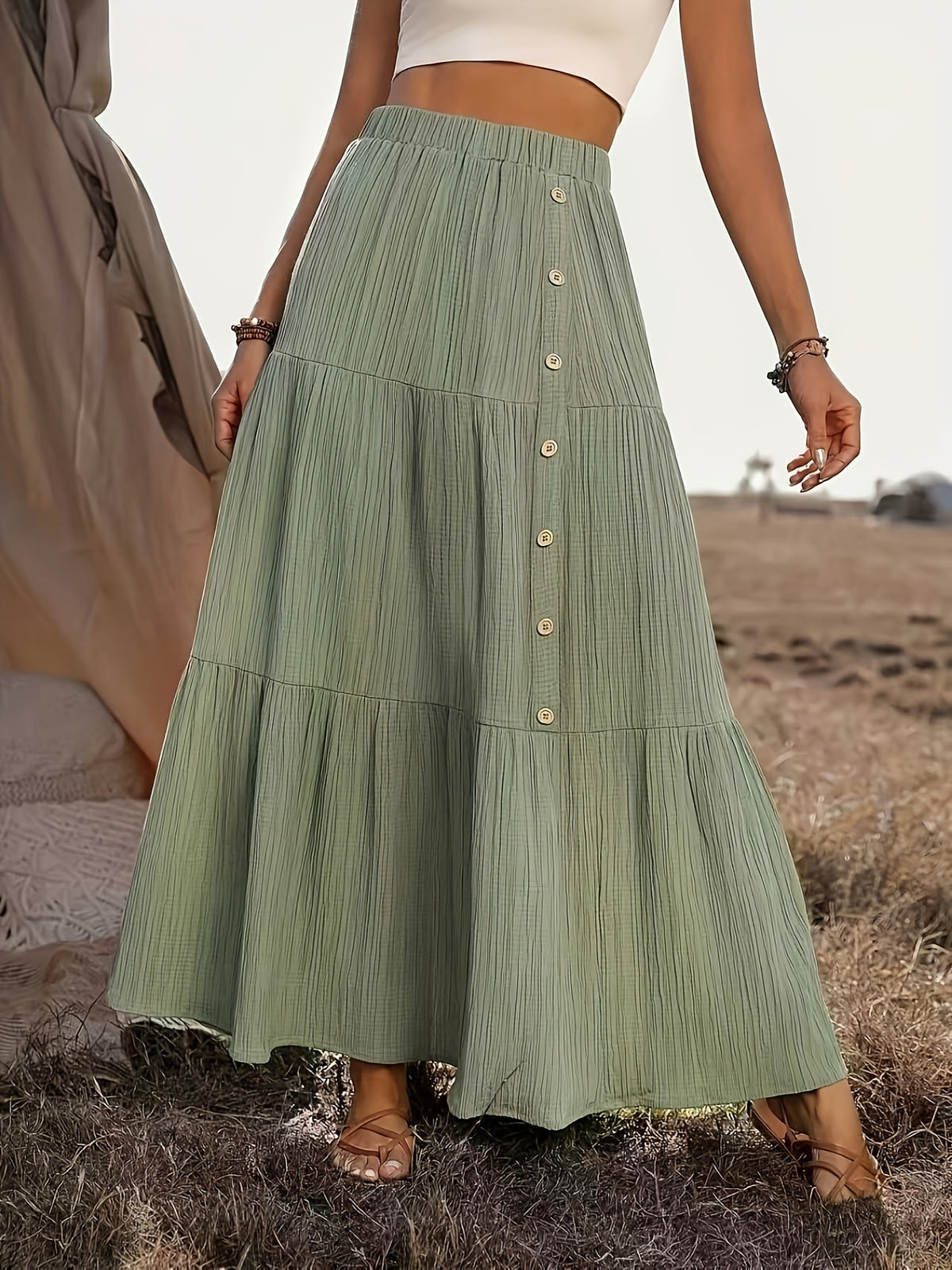 Textured Button Decor Elastic Waist Long Midi Skirt, Women'S Elegant Vacation Casual Skirt for Country Music Festival - Military Green