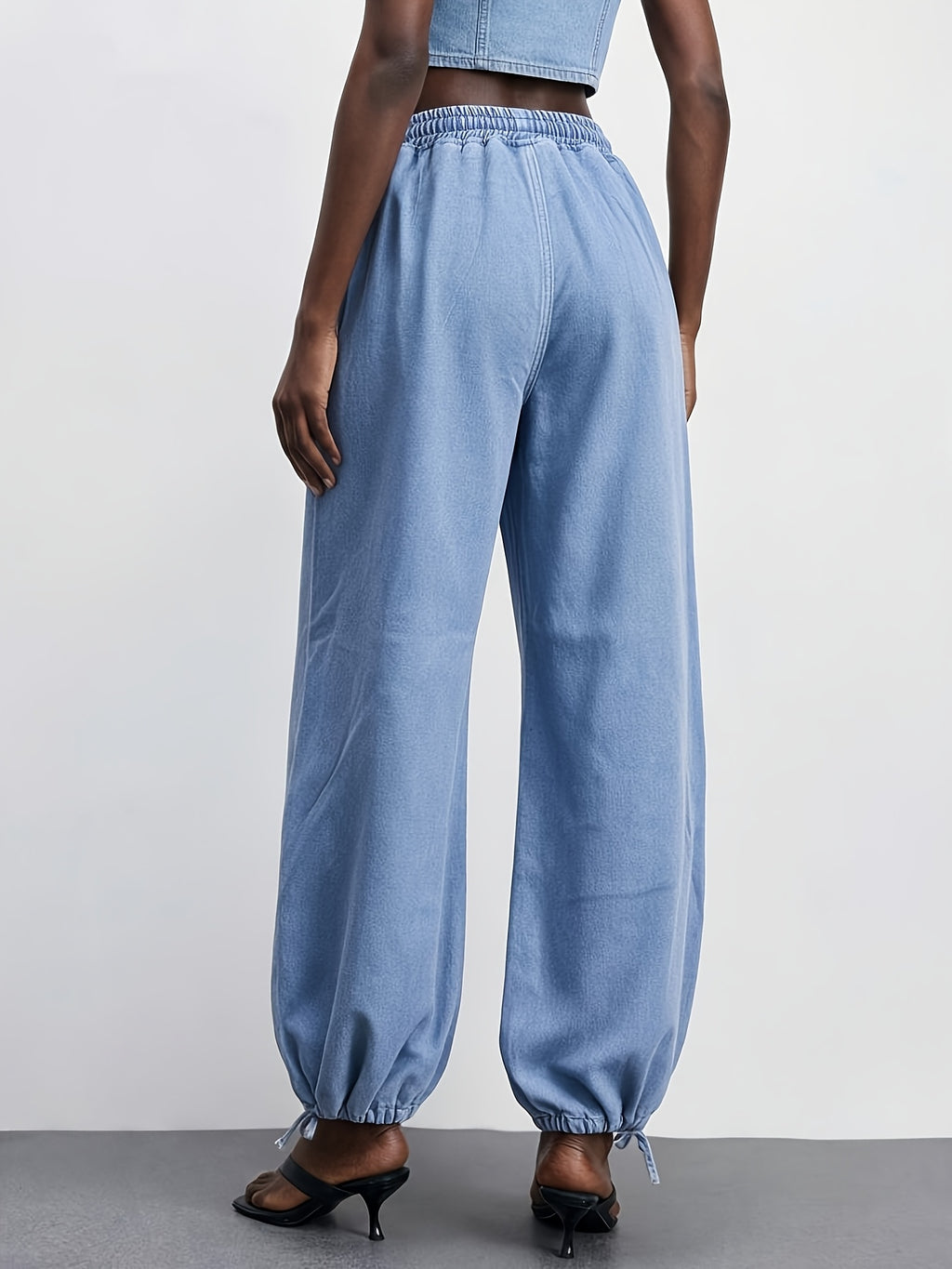 26AW Women's Fashion Stretch Denim Pants, Washed Light Blue, Elastic Waist with Drawstring, Bell-Bottom Hem with Fabric Tie, Loose and Comfortable Fit - Powder blue