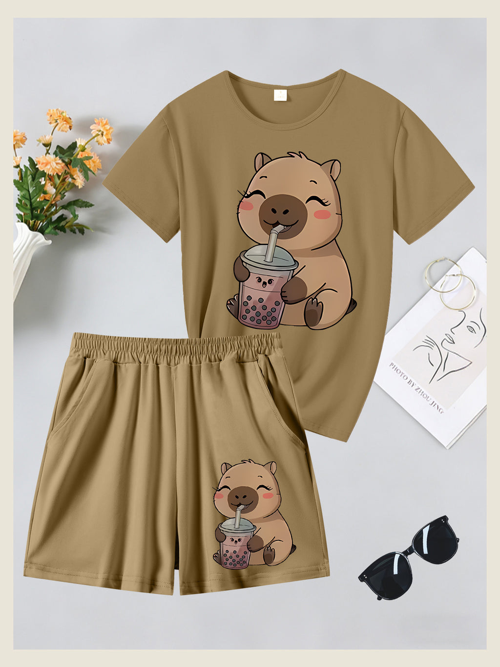 2pcs Women's Spring Summer Short Sleeve & Shorts Matching Outfit - Capybara Print Pajamas Gym Wear Sleepwear, Soft Breathable Pajamas, Valentine's Day Gift, Machine Washable 2pcs Set - Khaki+ Khaki