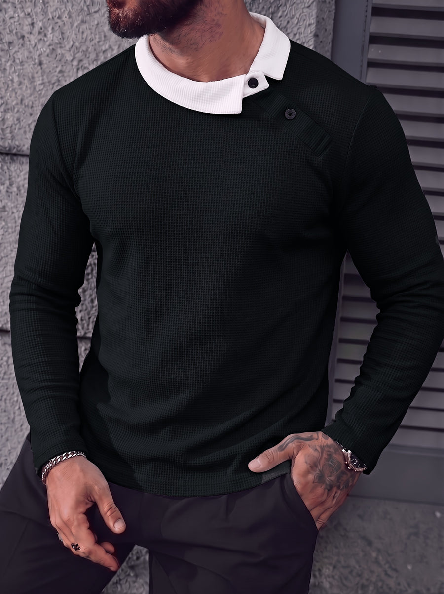Men's Color-Block Diagonal Button Lapel Waffle Knit Long-Sleeve Polo Shirt, Spring/Autumn Waffle Knit Breathable Lightweight Business Casual Versatile Base Layer Top - Black