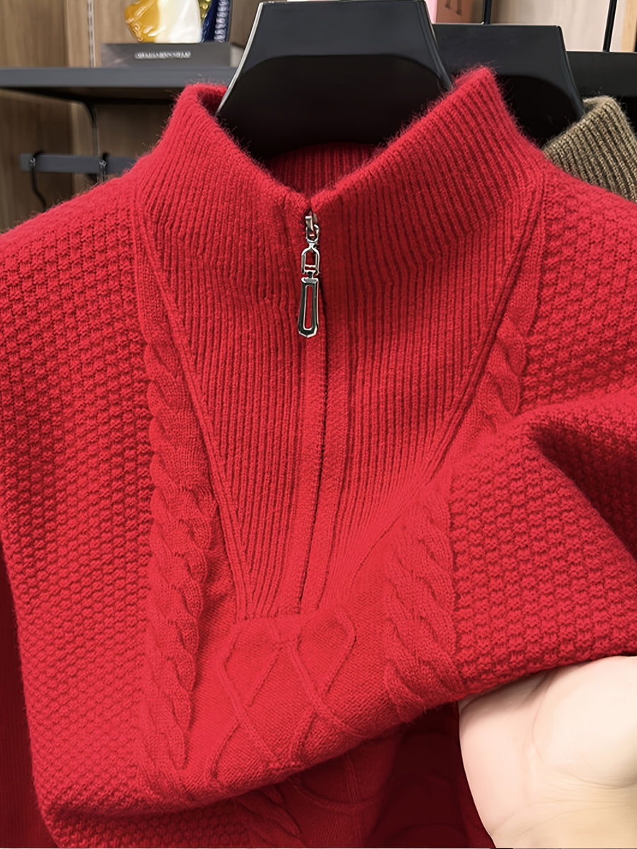 Men'S Thickened Semi-Open Zipper Stand Collar Knit Sweater, Ribbed Cuffs And Hem, Autumn/Winter Style, Single Wear And Layering, Light Mature Business Casual Style - Bright Red