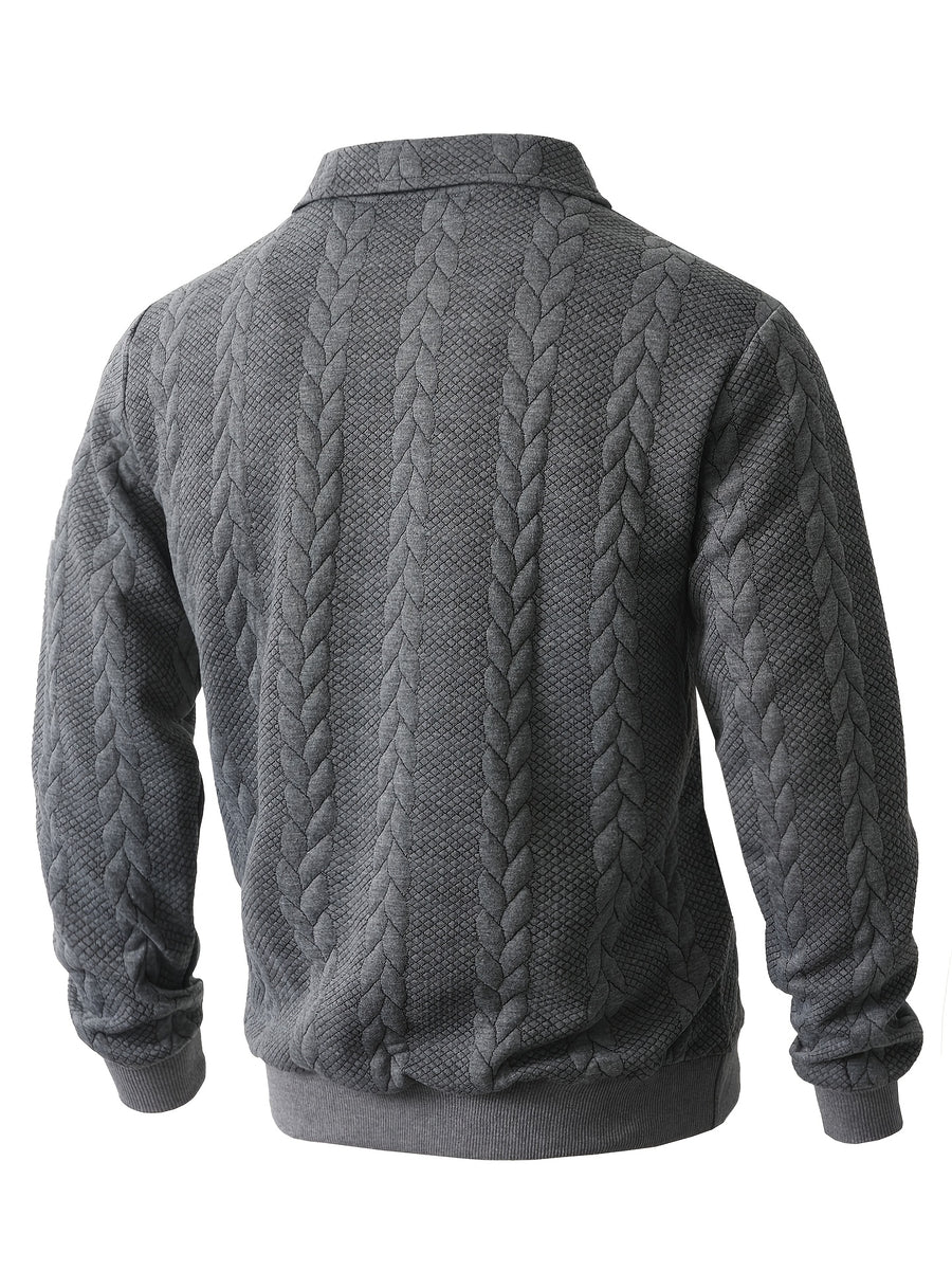 Men's Lapel Jacquard Knit Sweater for Spring, Autumn, and Winter, Casual Long-Sleeve Half-Open Front Zipper Fashionable Versatile Knit Outerwear Sweatshirt - Dark Gray
