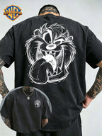 Le Yitong Big Mouth Monster Big Head Sketch Front And Back Print Washed T-Shirt, American Retro Washed Distressed Style Loose Short Sleeve, Unisex Machine Washable T-Shirt, Suitable for Daily Wear, Commuting, And Outdoor Outfits - Black