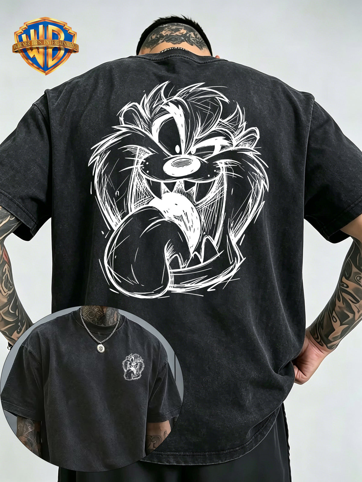 Le Yitong Big Mouth Monster Big Head Sketch Front And Back Print Washed T-Shirt, American Retro Washed Distressed Style Loose Short Sleeve, Unisex Machine Washable T-Shirt, Suitable for Daily Wear, Commuting, And Outdoor Outfits - Black