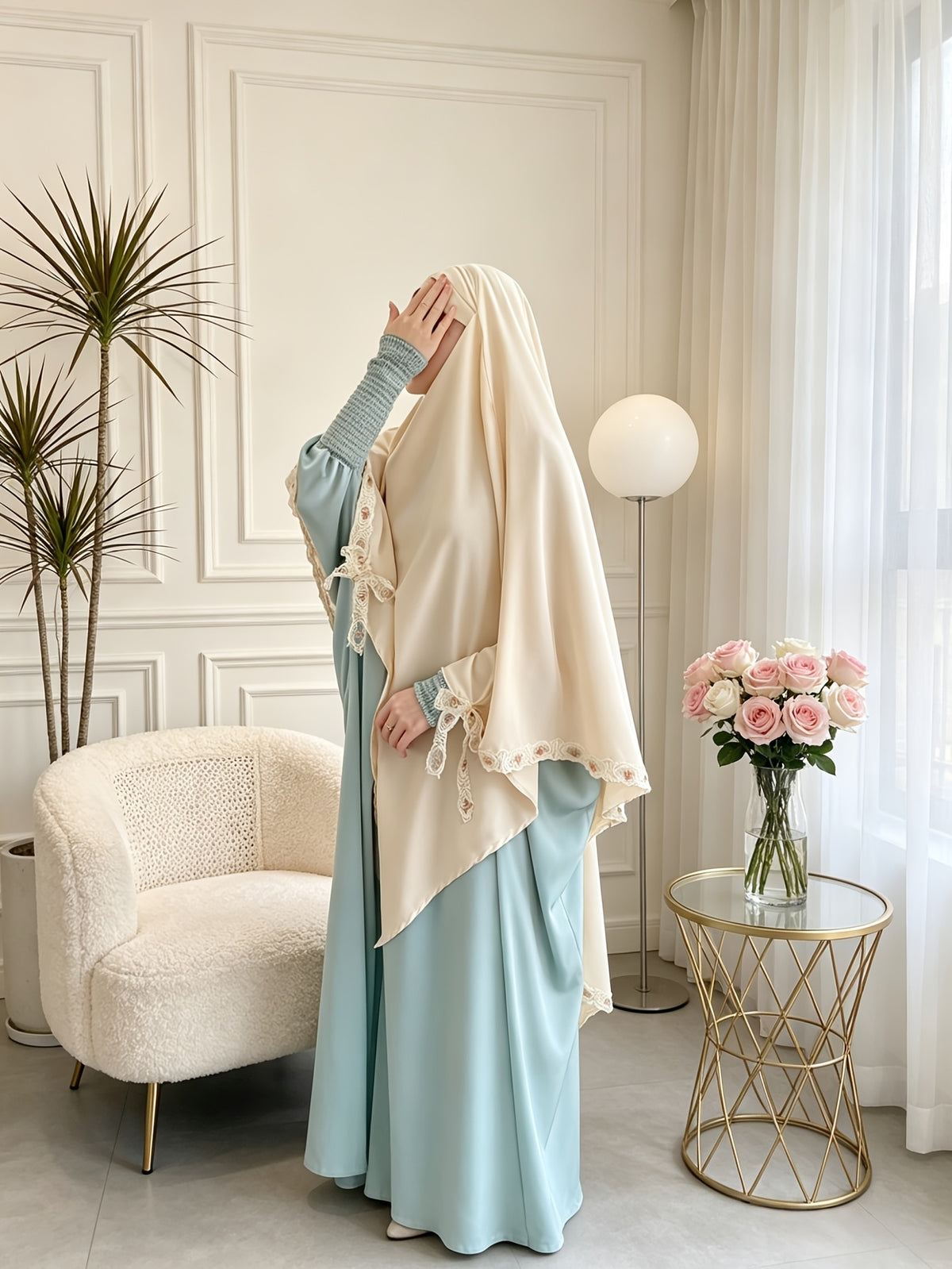 1pc Lace Bow Khimar Prayer Jilbab Elegant, Comfortable, Breathable, And Solid Color Fashionable Holiday Women'S Abaya Headscarf Suitable for Daily Outings And Versatile Loose Fit. Abayas Muslim Abaya Women Prayer Jilbab Robe Foulard Women'S Abaya - Apricot