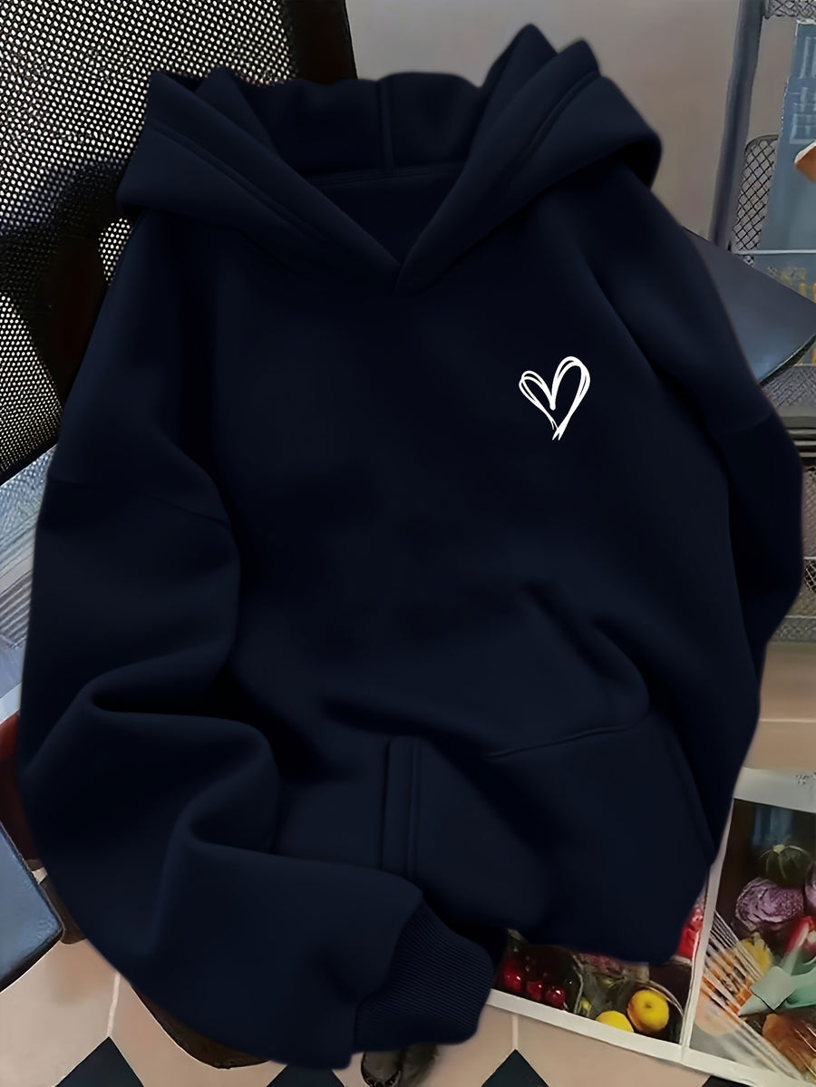 D92-One-Piece Loose Hooded Sweatshirt, Valentine's Day Fashion Casual Sweatshirt Outfit, Trendy Cute Heart Pattern Print, Spring and Autumn, Women's L16325 - Navy Color