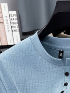 Men's Summer Short-Sleeve Crewneck T-Shirt - Breathable Business Casual Round Neck Base Layer Top, Solid Color Asymmetrical Hem Suitable for Daily Work Wear, Office & Casual Outfits, Machine Washable Light Luxury Style - Star Blue