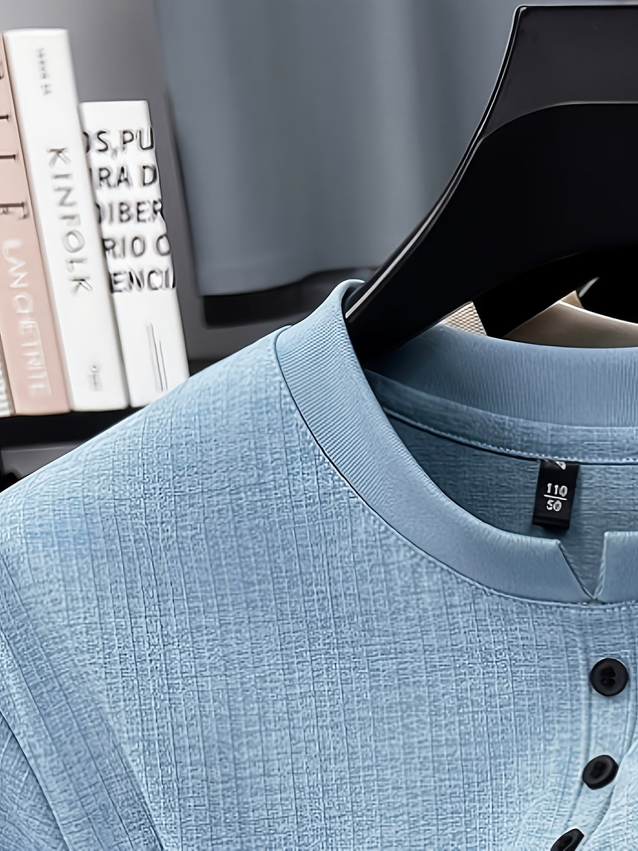 Men's Summer Short-Sleeve Crewneck T-Shirt - Breathable Business Casual Round Neck Base Layer Top, Solid Color Asymmetrical Hem Suitable for Daily Work Wear, Office & Casual Outfits, Machine Washable Light Luxury Style - Star Blue