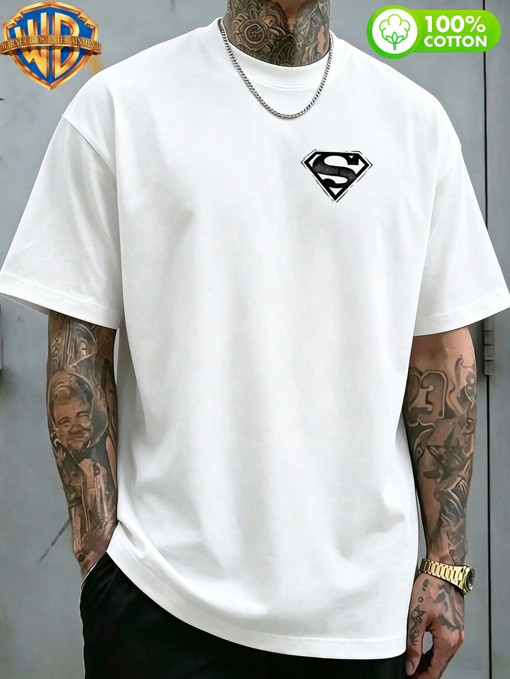 1pc WB Warner Bros. Official DC Superman Icon T-Shirt - Men's & Unisex Vintage Print, 100% Cotton Loose Fit Short Sleeve Tee with Superman, Casual Round Neck Shirt Suitable for Gym, Office, Daily Wear - Father's Day Gift for - White