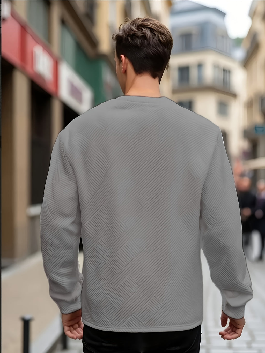 Men's Gift, Men's Fashion Heavyweight Jacquard Crew Neck Long Sleeve Sweatshirt, Casual and Comfortable Top for Spring and Autumn, Daily Outings - Grey