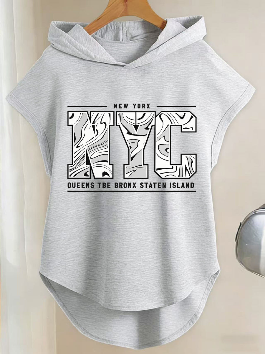 Y Style Hooded T-Shirt, Y2K Style Sleeveless Hooded T-Shirt, Lightweight Curved Hem T-Shirt Suitable for Casual Daily Wear - Grey