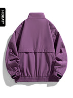 HIDKAT Men's Bomber Jacket with Contrast Collar & Zipper Pockets - Windproof Relaxed Fit Bomber Jacket Suitable for Streetwear, Aviation-Themed Outerwear, Machine Washable Zipper Closure Jacket with Stand Collar (No Transparency) - Purple