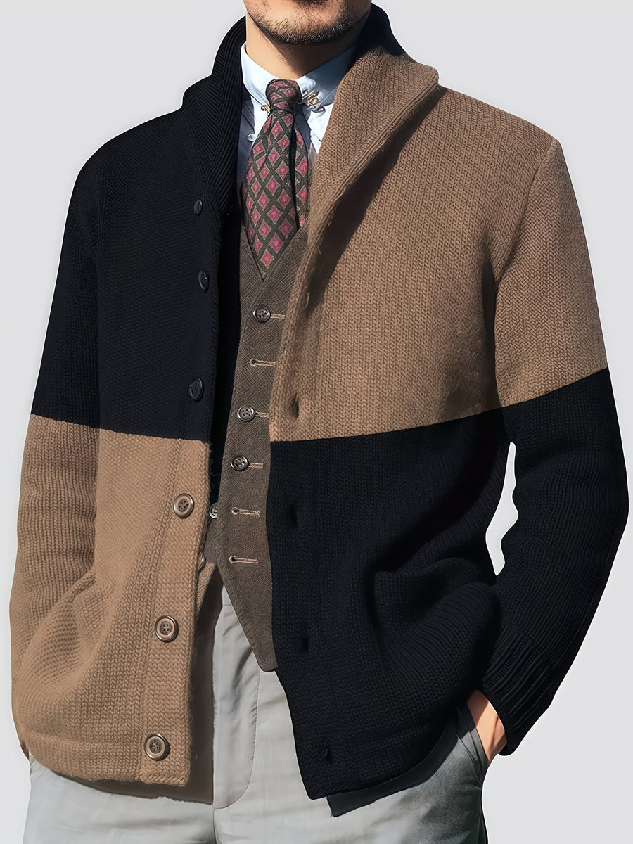 Men'S Elegant Patchwork Lapel Knit Cardigan, Unisex Color-Block Sweater Button-Up Jacket, Fashionable Casual Sweater for Men, Regular Fit for Spring And Autumn - Black