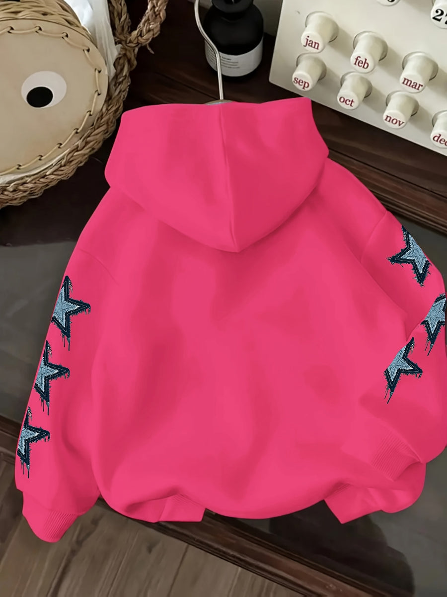 Vintage Denim Fringe Star Hooded Sweatshirt with All-Over Five-Pointed Star Print, a Versatile Casual Hoodie Top for Spring and Autumn - Rose Red