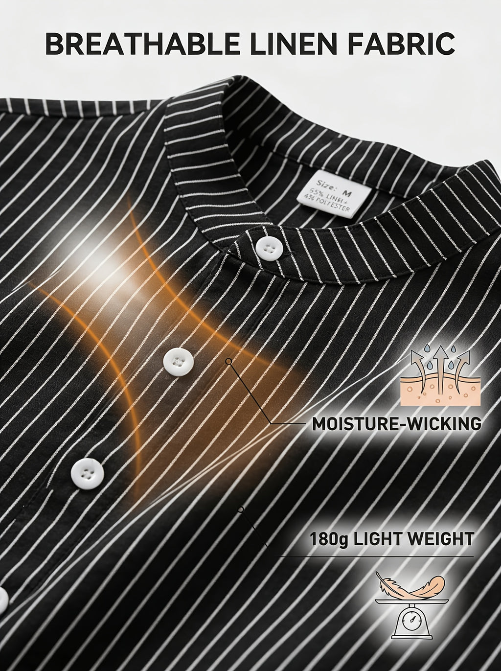 Josh Rose OBM 2pcs Men's Henley Shirts, Men's Summer Short Sleeve Regular Fit, Lightweight and Breathable, 95% Linen, Solid and Striped in Black and White, Features 4 Buttons, Suitable for Summer Daily Work, Casual, and Vacation Occasions - Black+White
