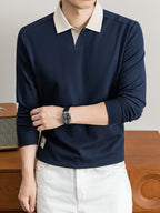 2026 Autumn Men'S Long Sleeve T-Shirt Casual Solid Color Seagull Collar Lapel POLO Shirt - Navy Color