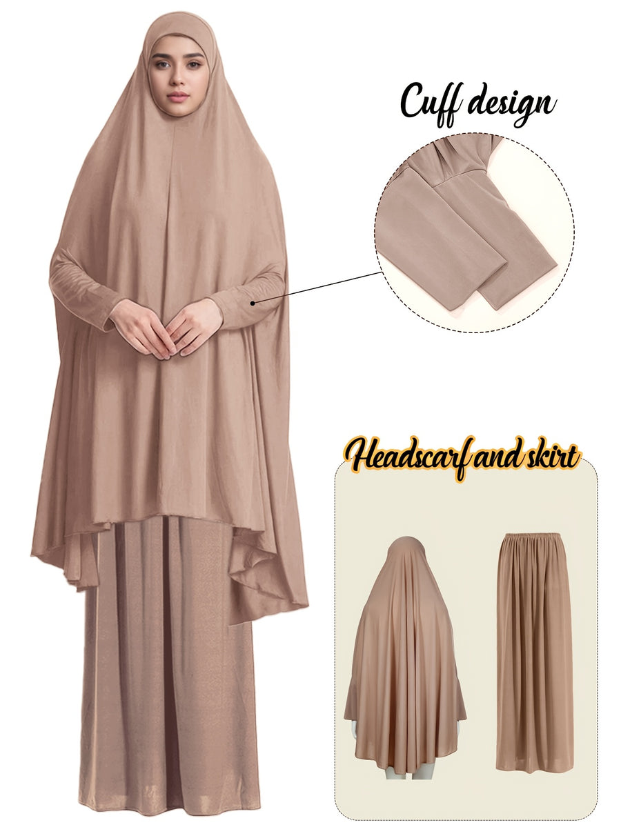 2pcs Women'S Solid Color Robe And Skirt Set, a Conservative And Elegant Outfit for Everyday Wear, Featuring Sleeves Inspired by Middle Eastern Traditional Culture, Abayas - Camel