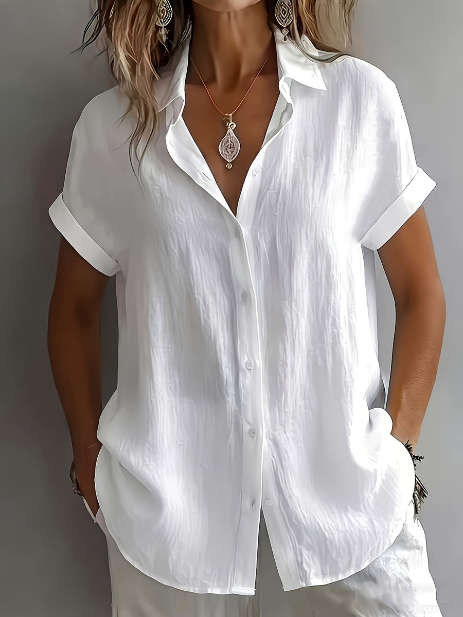 Women's Relaxed Holiday Style Micro-Wrinkle Textured Lapel Short-Sleeve Shirt, Loose Open Front Single-Breasted Drop Shoulder Fit, Casual Rolled Hem Short Sleeve V-Neck Open-Wear Design, Natural Breathable Dry Skin-Friendly Textured Fabric - White