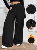 Women's Thermal Winter Pants with - Thickened Trousers for Cold Weather, Wide-Leg Relaxed Fit (Elbow-Length Coverage), Machine Washable Trousers for, Formal & Casual Wear - Soft Fabric Full-Length Leg Warmth - Black