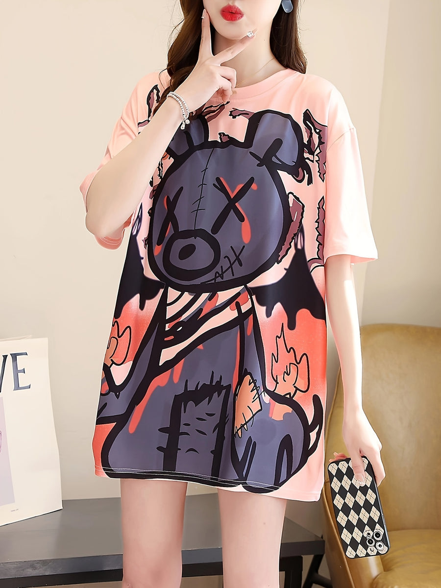 New Summer Collection of Plus-Size Loose-Fitting Stylish Cartoon Print Women'S Mid-Length Short-Sleeve T-Shirts - K54-F