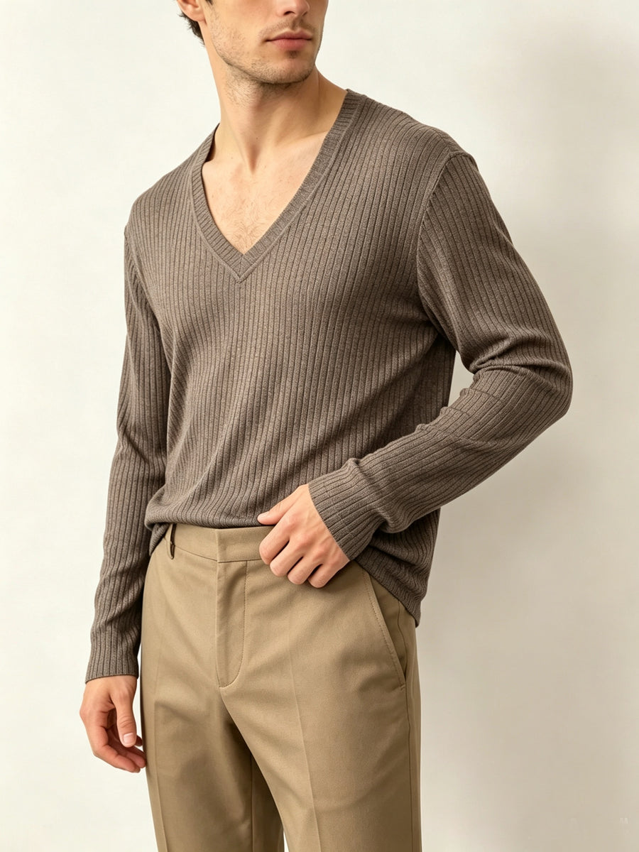 Men'S Black Vertical Ribbed V-Neck Long Sleeve T-Shirt, Easy Loose Drapey Solid Base Layer Commuter Casual Top - Gray Brown