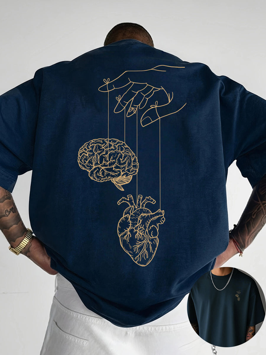 Creative Front and Back Printed Graphic Crew Neck T-shirt, Pure Cotton Summer Trendy Fashion Short Sleeve, Casual Daily Style Top, Essential for Outings and Leisure, an Excellent Gift Choice - Navy Color