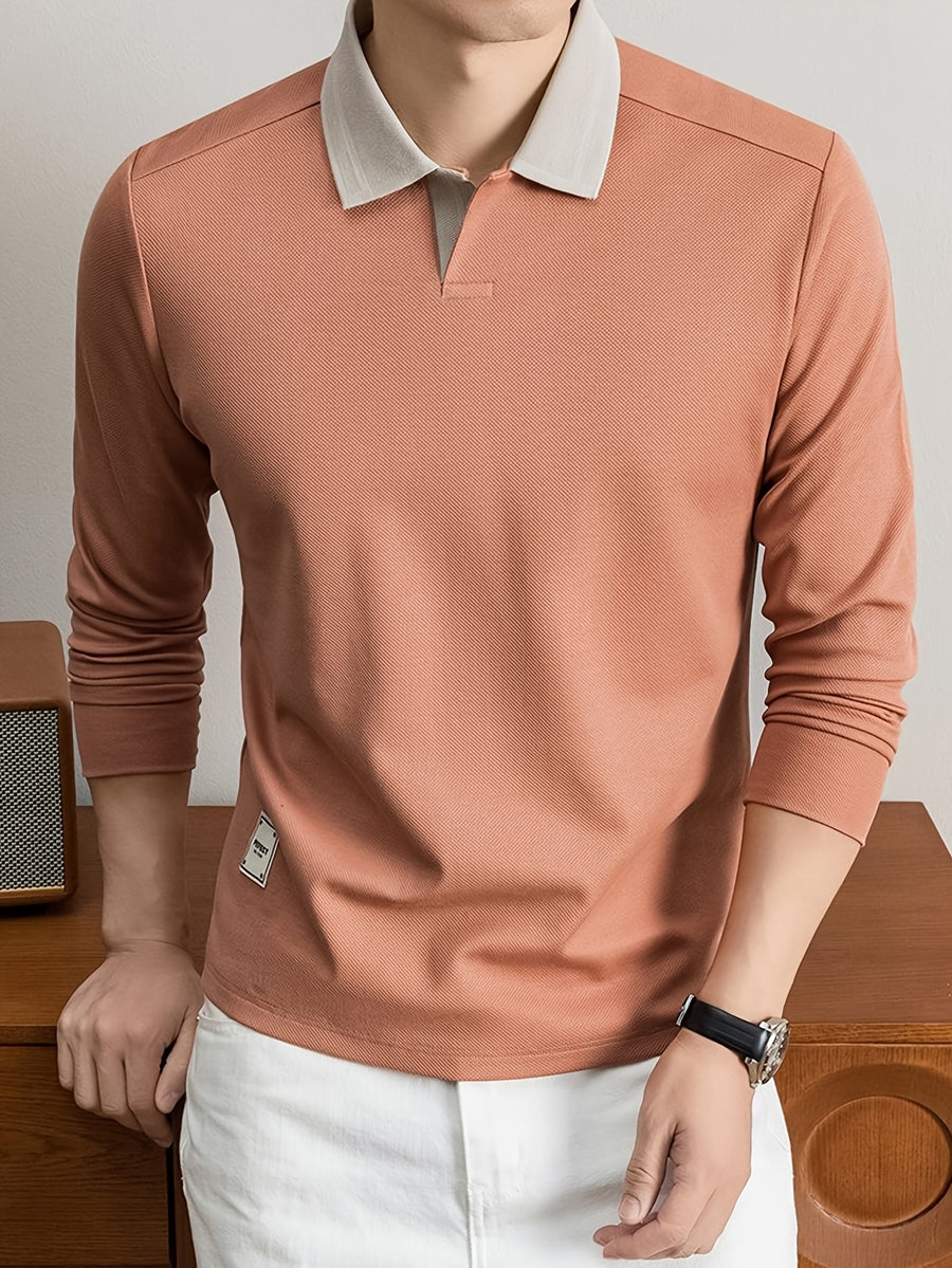 Men's Long-Sleeve T-Shirt, Color-Block Lapel Casual Tee, New Versatile Top for Spring and Autumn - Orange