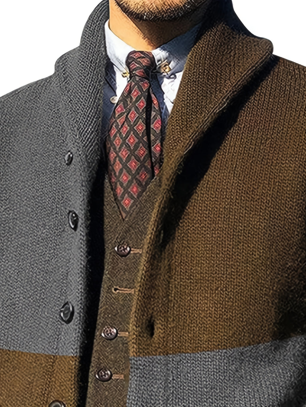 Men's Autumn and Winter New Style Lapel Single Breasted Cardigan Color Blocked Fashionable Casual Business Versatile Slim Fit Skin Friendly Comfortable Soft Warm Long Sleeved Pocket Durable Sports Vitality Simple Knitted Sweater - Dark Gray