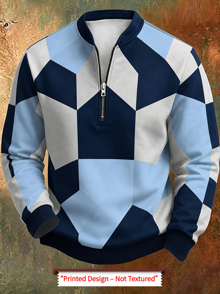 Men'S Autumn Winter Polo Zipper Sweatshirt, Men'S Retro Geometric Color-Block Digital Print Half-Zip Stand Collar Sweatshirt, Loose Casual Top, High Quality And Durable, Machine Washable, Daily Commute And Outdoor Wear - Mixed Color 4