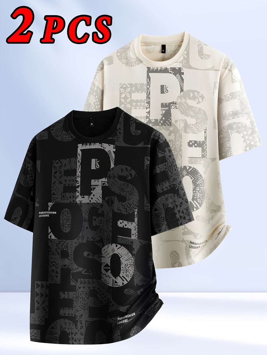 2pcs Men's Short Sleeve T-Shirts, Summer Fashion All-Over Print Short Sleeve Tees, Loose Fit Letter Print Stretch Short Sleeve Sport Tops, Youth Crew Neck Breathable Trendy T-Shirts, Suitable for Daily Wear, College, Street, and Sporty Outfits - 2pcs-Apricot+Black