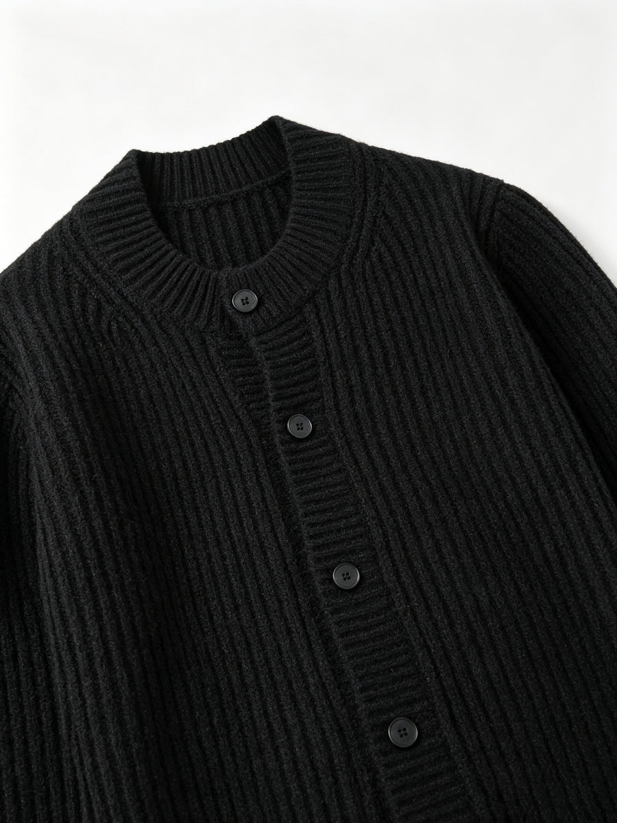 Men'S Round Neck Button-Up Knit Pullover, Ribbed Texture Long Sleeve Sweater Jacket, Casual Loose Outerwear Winter Clothes for Men - Black