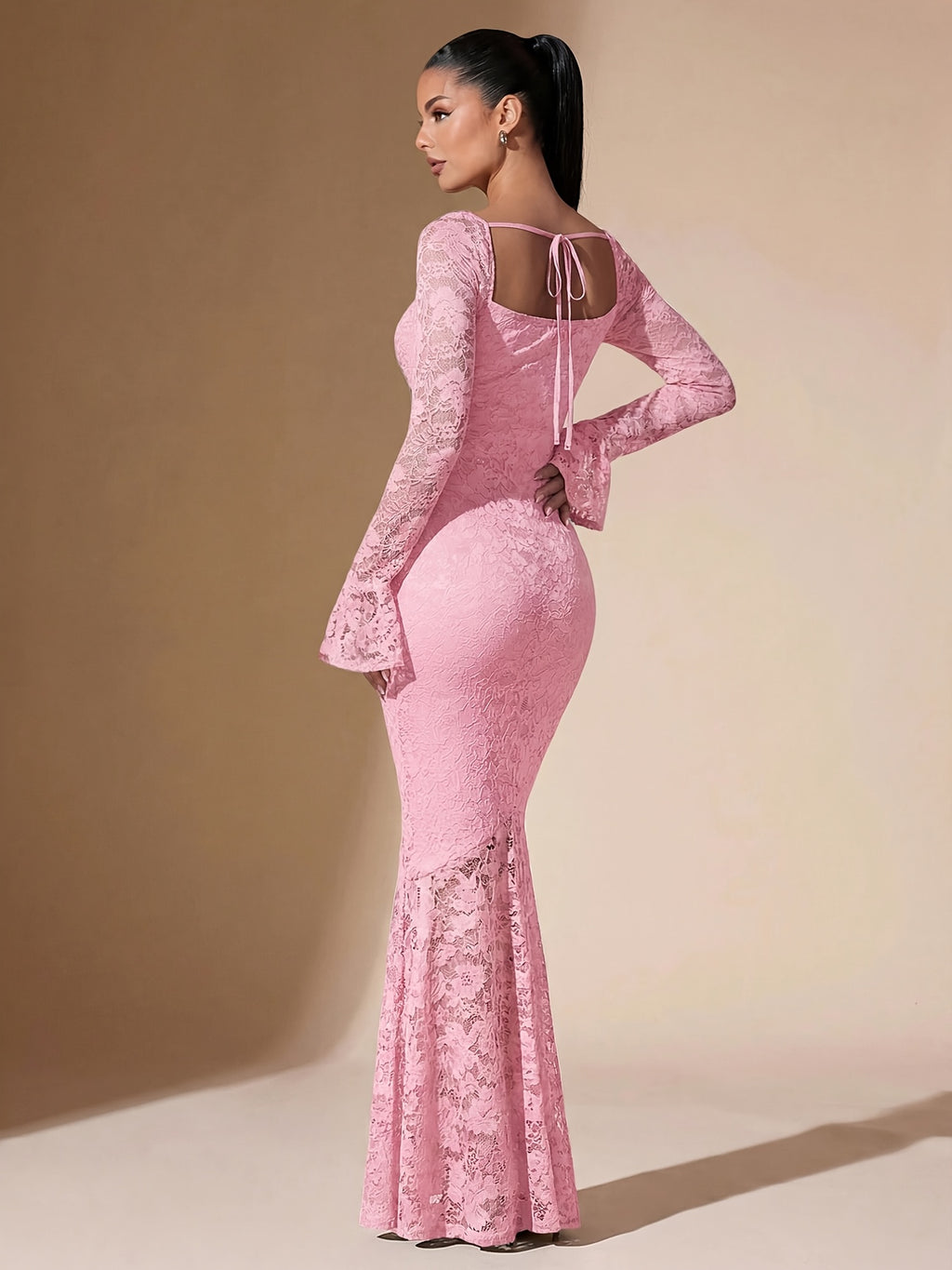 Women'S Elegant Lace Sheer Square Neck Backless Fitted Mermaid Black Long Dress, Party Elegant Evening Dress Women'S Birthday Dress - pink