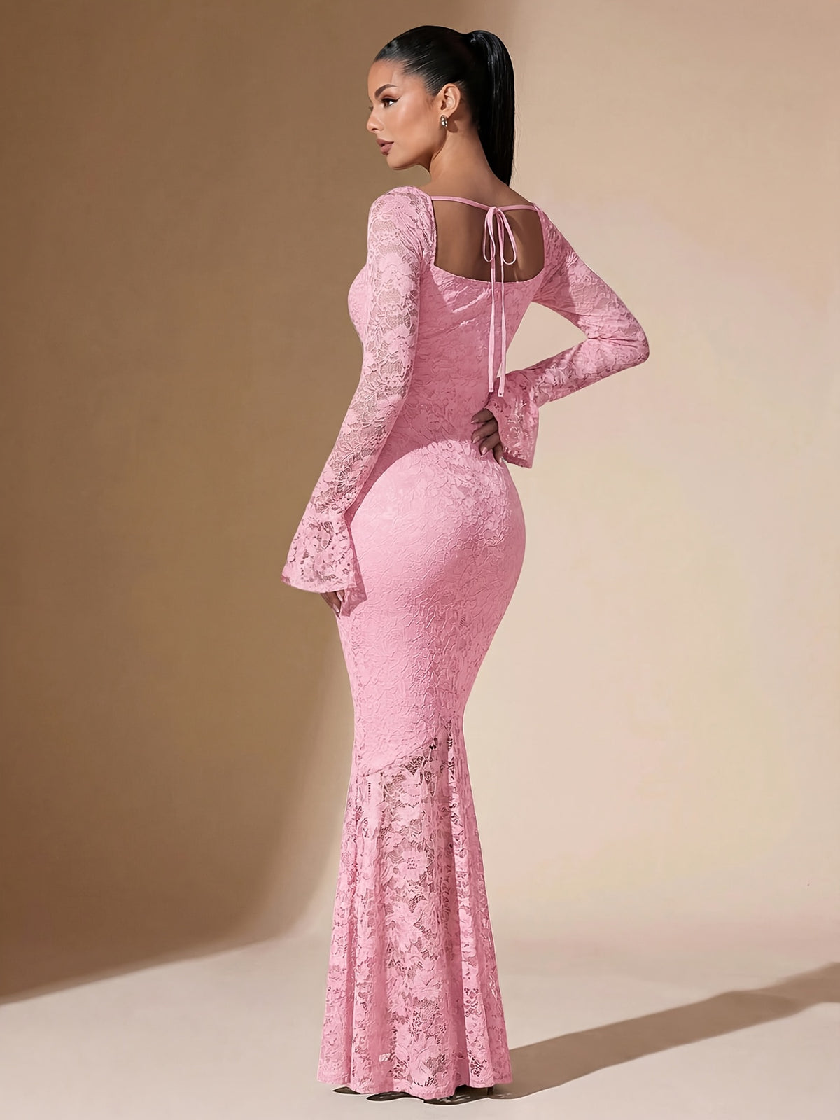 Women'S Elegant Lace Sheer Square Neck Backless Fitted Mermaid Black Long Dress, Party Elegant Evening Dress Women'S Birthday Dress - pink