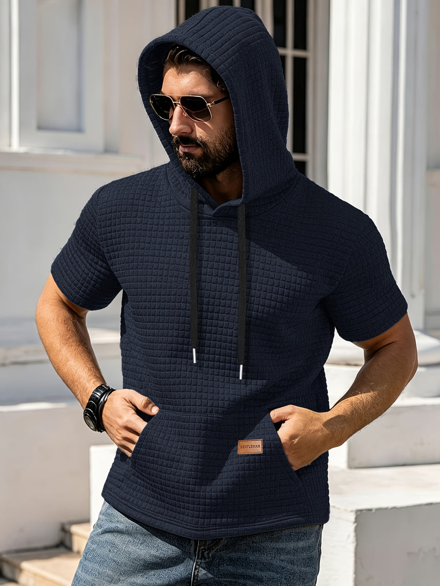 Men's Casual Summer New Arrival Short-Sleeve Versatile Fashionable Sporty Comfortable Trendy Loose Waffle Knit Hooded T-Shirt - Deep Blue