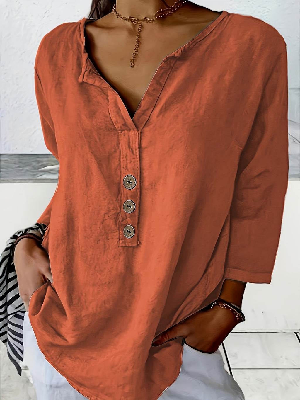 Spring and Autumn Loose Fit Casual Women's Top, Comfortable with Button Decoration and Three-Quarter Sleeves, Suitable for Vacation - Orange-Red