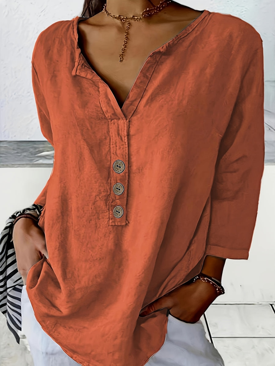 Spring and Autumn Loose Fit Casual Women's Top, Comfortable with Button Decoration and Three-Quarter Sleeves, Suitable for Vacation - Orange-Red