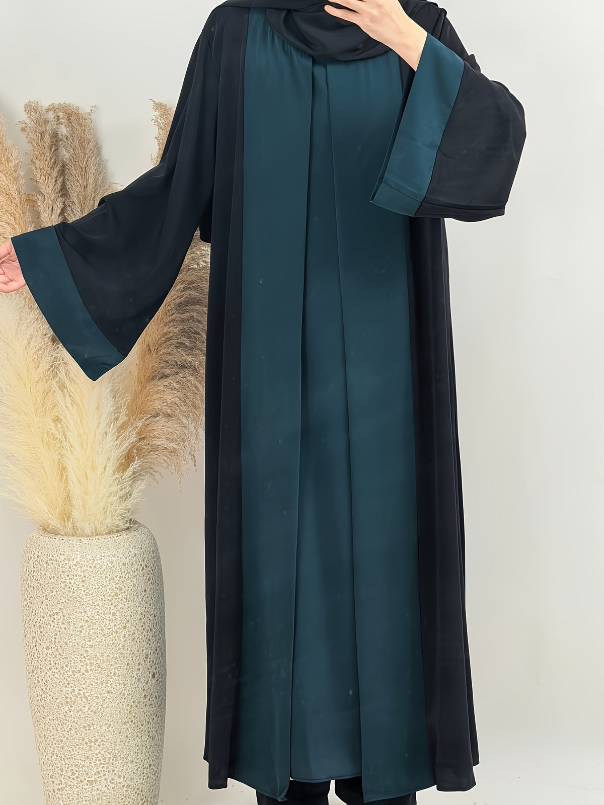 1pc Elegant Muslim Dress with Niche Minimalist Color-Block Design, Fluid and Solid-Paneled, Loose and Unrestrictive, Breathable and Non-Stuffy, Suitable for All Seasons - Dark Green