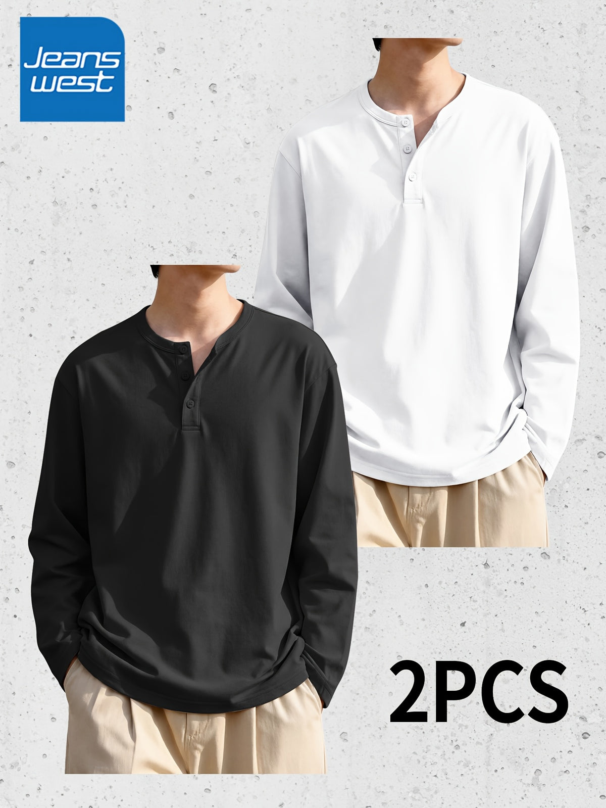 (Set of Two) JEANSWEST Men'S Long-Sleeve Henley Shirts for Spring And Fall - Black+Light White