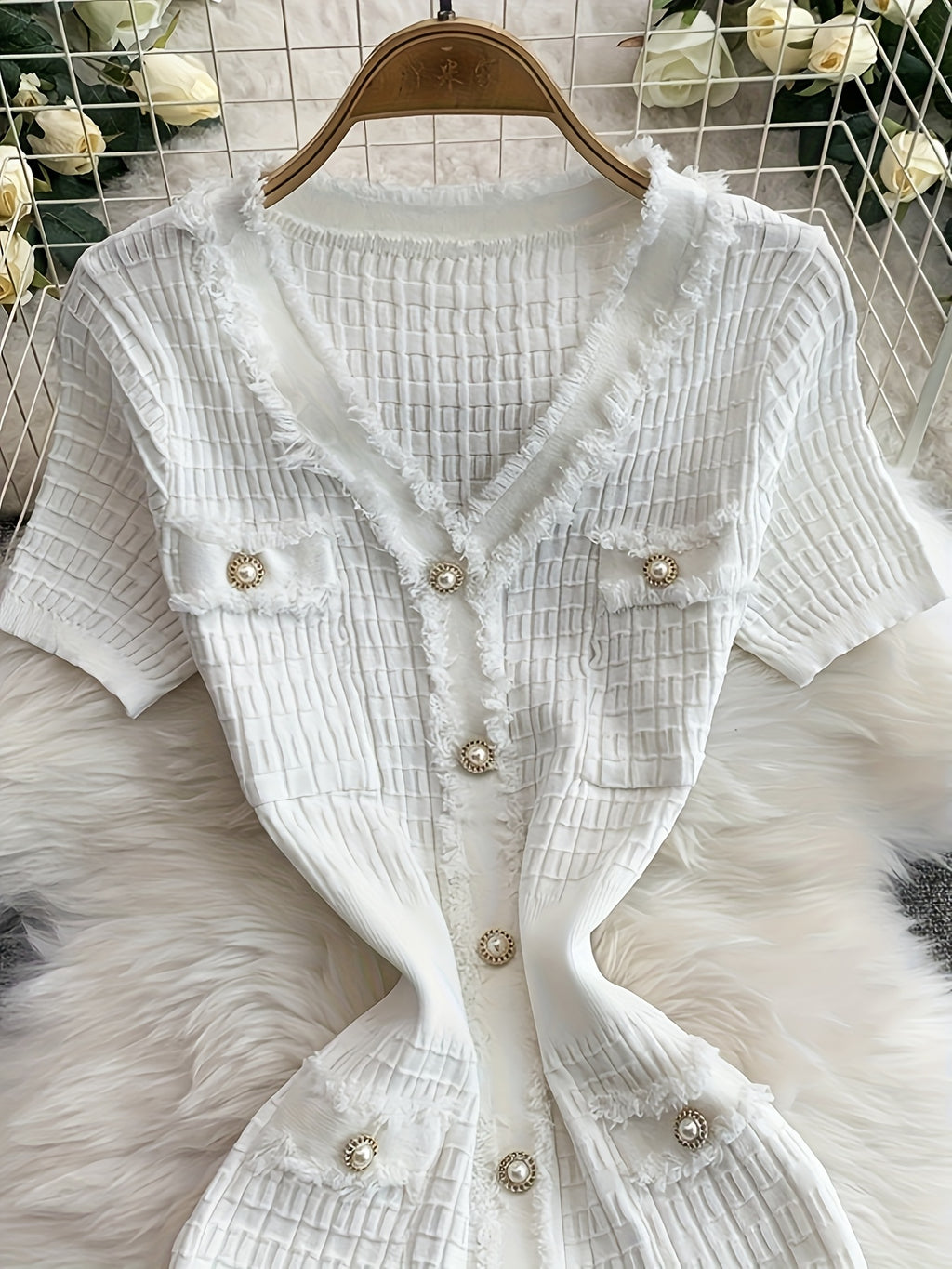 V-neck Metallic Single-button Solid Color Fashionable Fringe Trim Body-hugging Slit Mermaid Dress LL256 - White