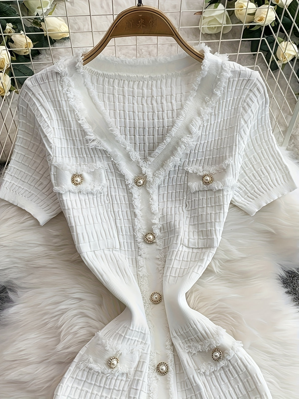 V-neck Metallic Single-button Solid Color Fashionable Fringe Trim Body-hugging Slit Mermaid Dress LL256 - White