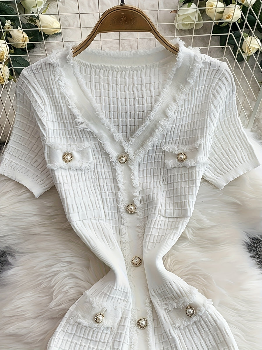 V-neck Metallic Single-button Solid Color Fashionable Fringe Trim Body-hugging Slit Mermaid Dress LL256 - White