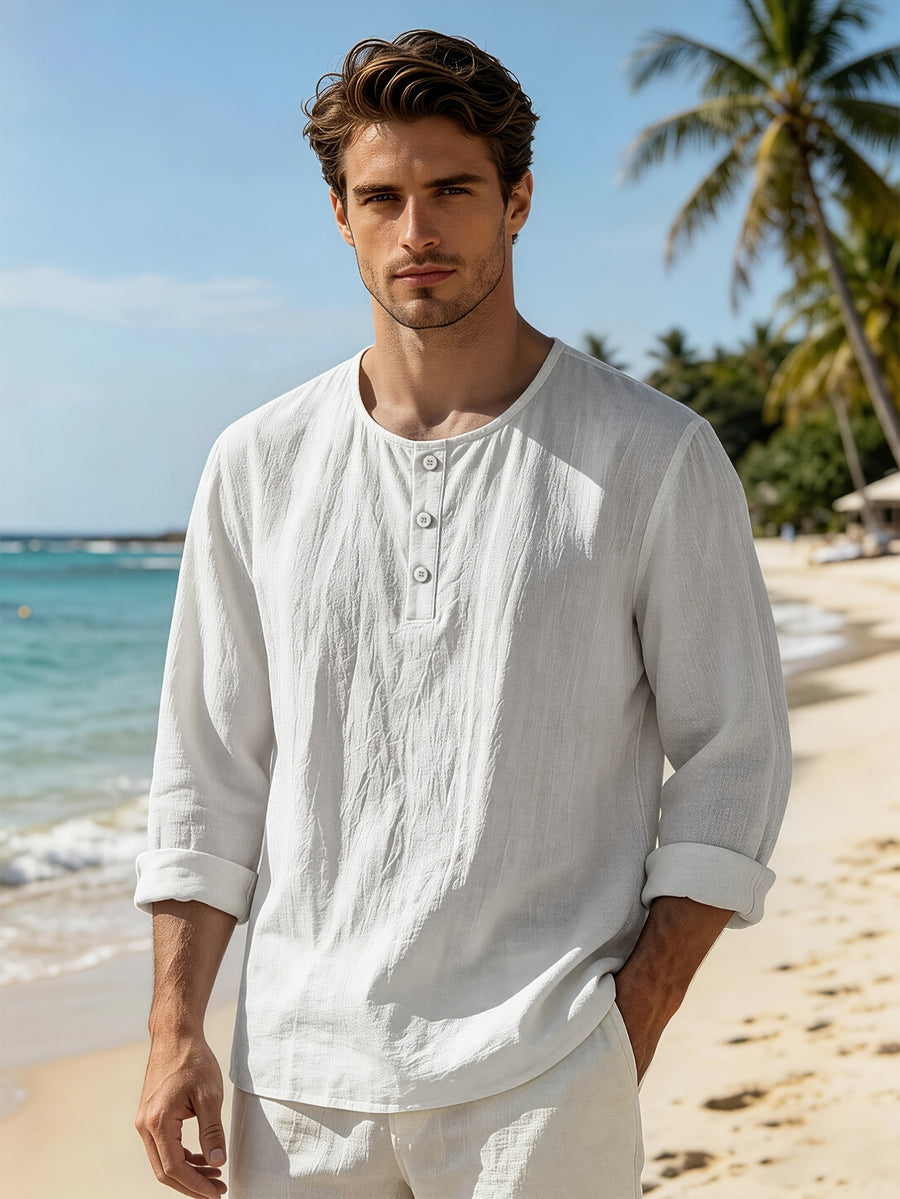 Men's Linen Henley Collar Long Sleeve Loose Fit Casual Vacation Top - White