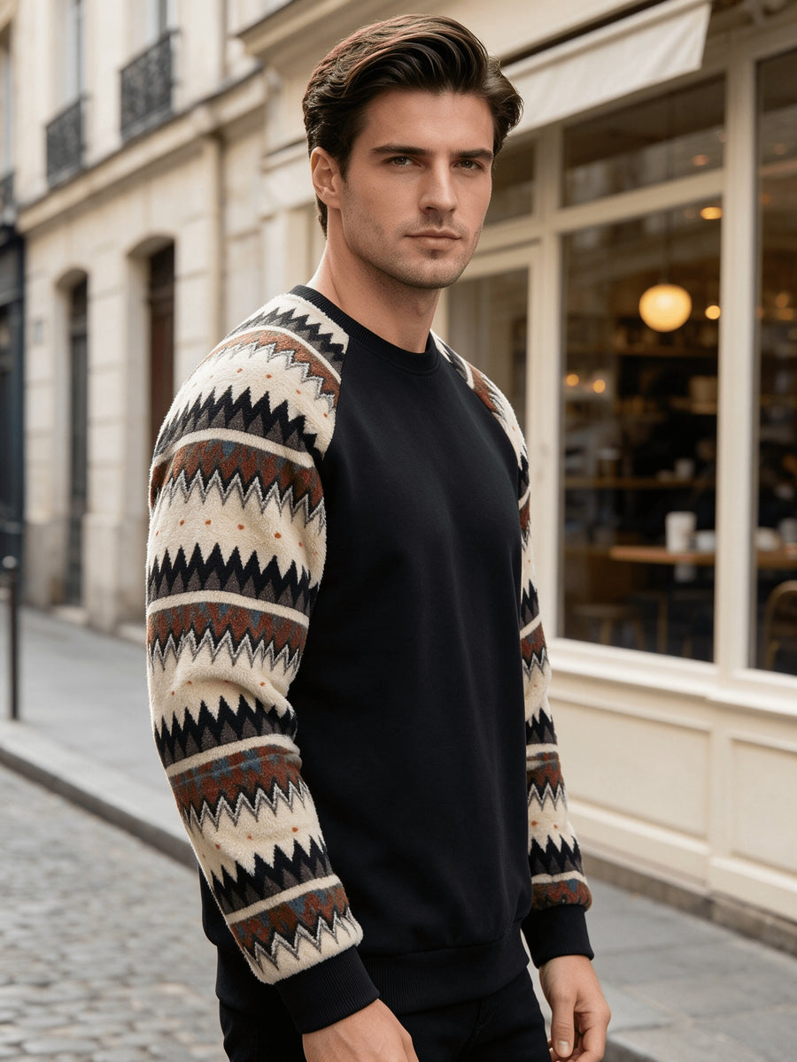 Men's Autumn/Winter Crew Neck Plush Sweatshirt, Raglan Sleeve Plush Sweatshirt, Featuring a Stylish Plush Color Block Patchwork Pattern and Solid Color Design, Made from Wrinkle-resistant Soft Knitted Fabric, It Is Highly Practical - Black