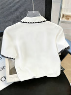 Marked Lady'S New Short-Sleeved Shirt, Embroidered Edge Shirt, Loose Fit, Design Sense, Fashionable Commute And Happy Vacation Wear - White