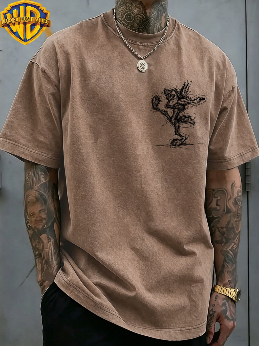 Officially Licensed by Warner. Featuring The Cartoon Print of Le Yitong'S Mischievous Wolf. This Men'S Distressed T-Shirt Is a New Summer Style with Faded And Retro Look. Perfect for Daily Wear - Coffee Color