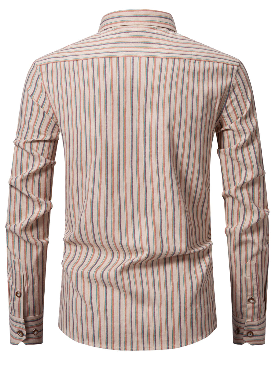 Old Money Outfits Men's Colorful Striped Button- Long-Sleeve Vintage Shirt, 100%  Casual Business Shirt, Lightweight and Breathable, Versatile Long-Sleeve Top for Daily Wear, Office, and Weekend Outings - Mixed colors