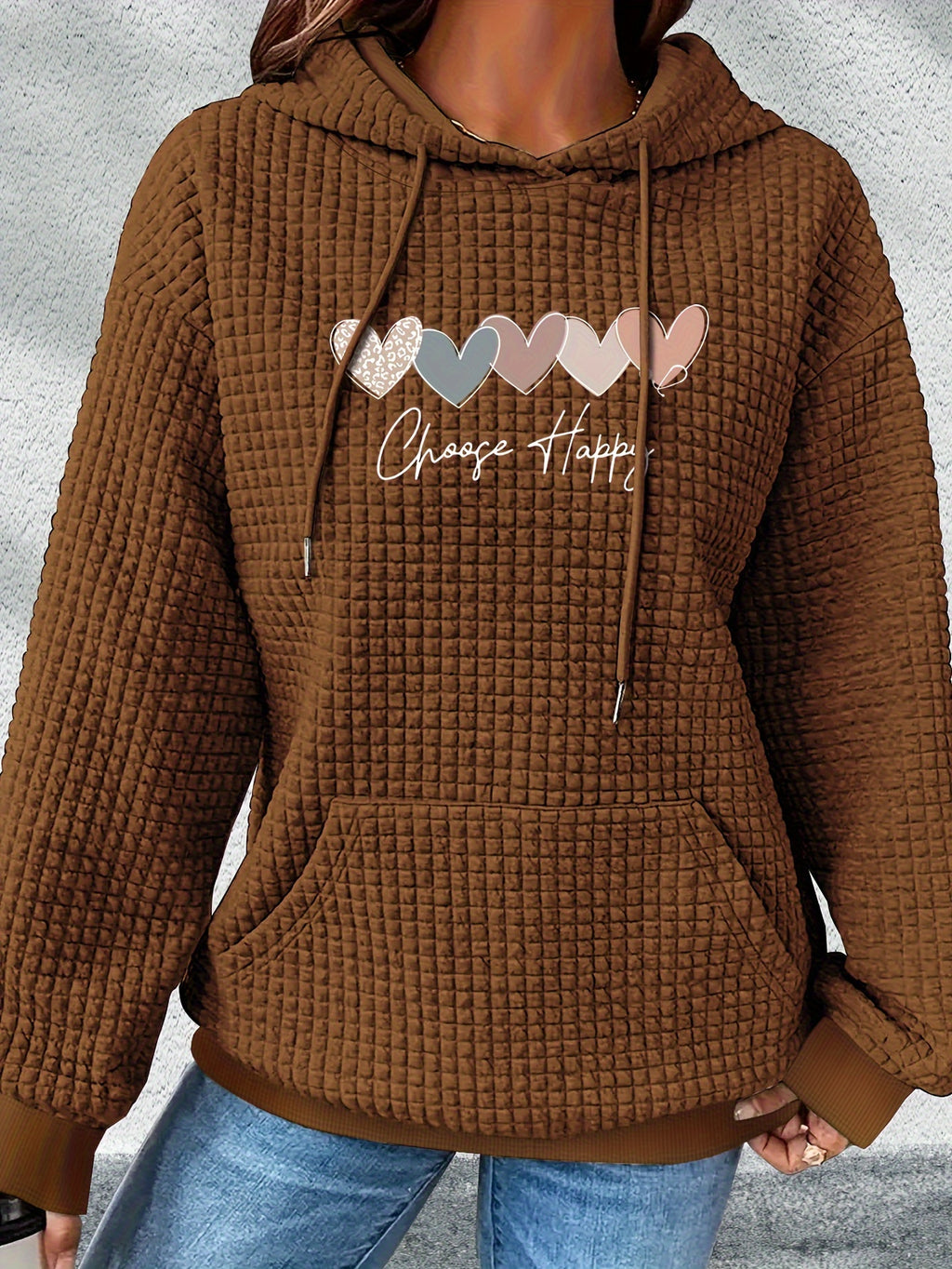 Graphic Print Hoodie, Drawstring Casual Hooded Sweatshirt for Fall And Spring, Women'S Clothing - Coffee Brown